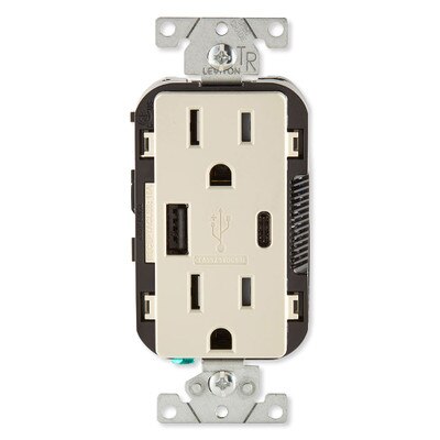 Leviton Decora USB Type-A/Type-C Wall Outlet Charger, 15A, Light Almond